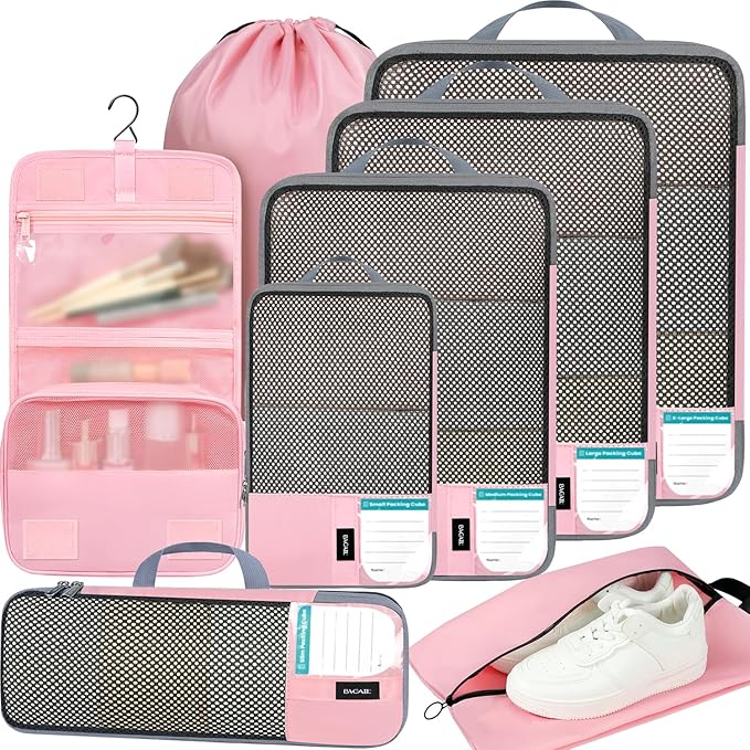 BAGAIL 4/6 Set/8 Set Compression Packing Cubes Travel Accessories Expandable Packing Organizers(HalfMesh, 8-Pink)