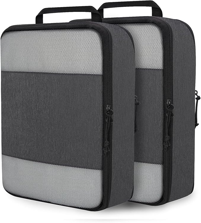 Compression Packing Cubes for Travel Essentials, 2 Set Expandable Compression Bags for Travel Packing Cubes for Suitcase Luggage Organizer Bags, Black Mesh