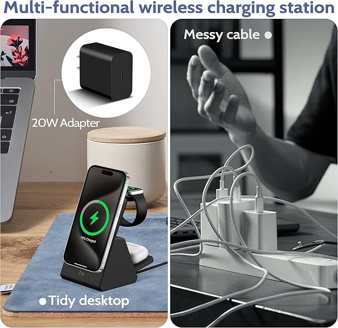 3-in-1 Wireless Charging Station: Portable 10000mAh Power Bank Charger Compatible for Phone Air/17/16/15/14/13/12 Series and Watch - Detachable Magnetic Charging Stand Black