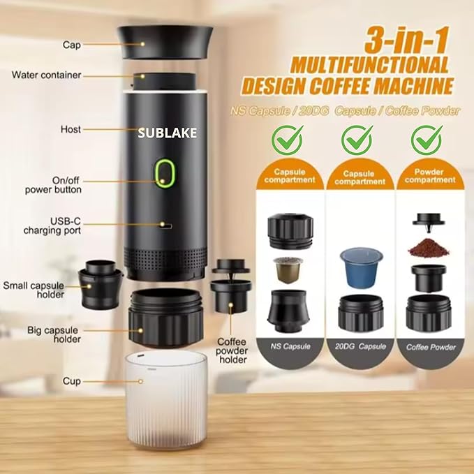 Portable Espresso Maker – Self-Heating USB-C Rechargeable Travel Coffee Maker for Car, Camping, Office, portable coffee maker - portable coffee machine With Ground Coffee & NS Capsule (Green)