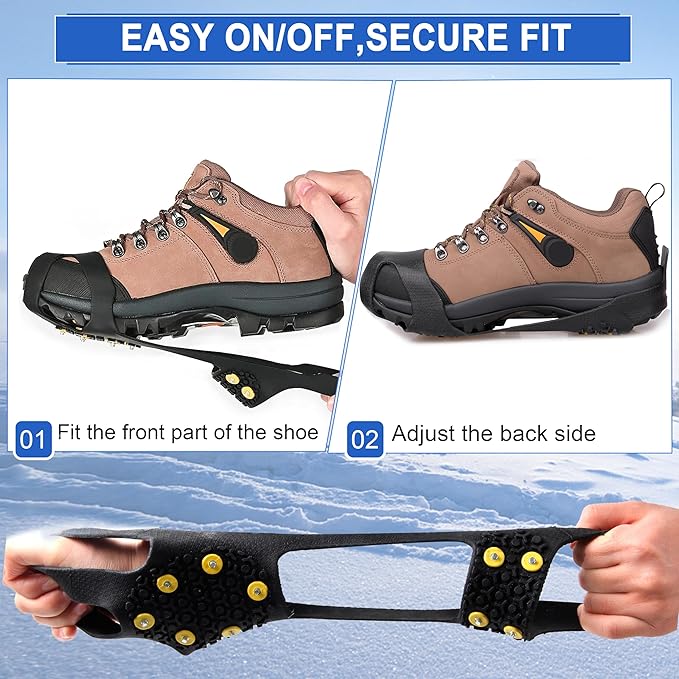 Ice Snow Cleats for Shoes Boots,Walk Traction Cleats Rubber Crampons Anti Slip 10-Stud Winter Ice Cleat Slip-on Stretch Footwear for Women Men Kids