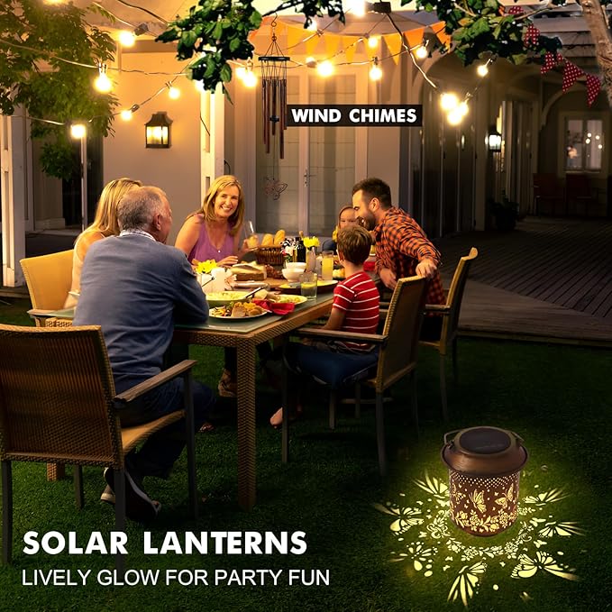 Solar Lanterns with Wind Chimes - Garden Decor Set Includes Greeting Card & Gift Wrap Paper, Patio Yard Birthday Gifts for Women, Solar Lanterns Outdoor Waterproof (Butterfly)