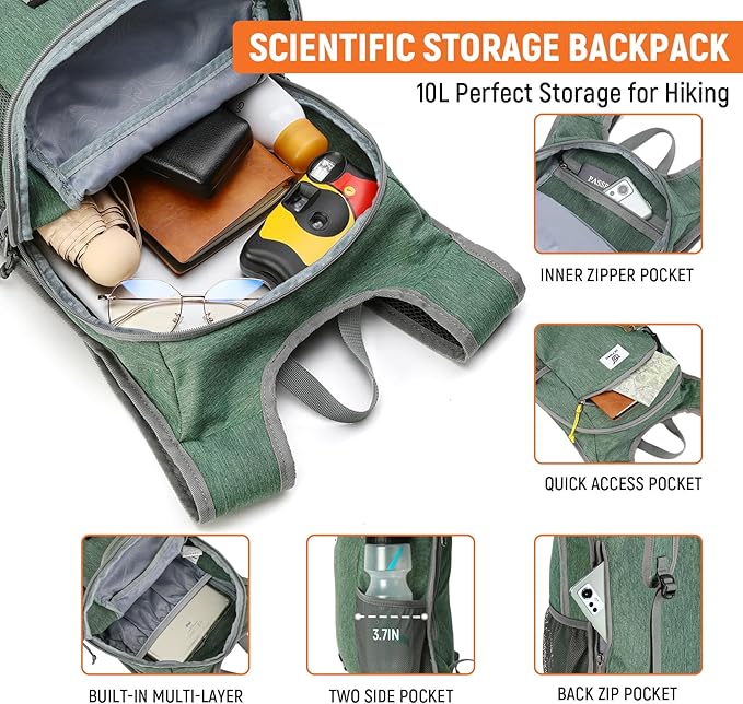 SKYSPER 10L Hiking Backpack, Foldable & Packable Lightweight Daypack for Travel, Collapsible Small Compact Hiking Backpack for Women & Men, Green