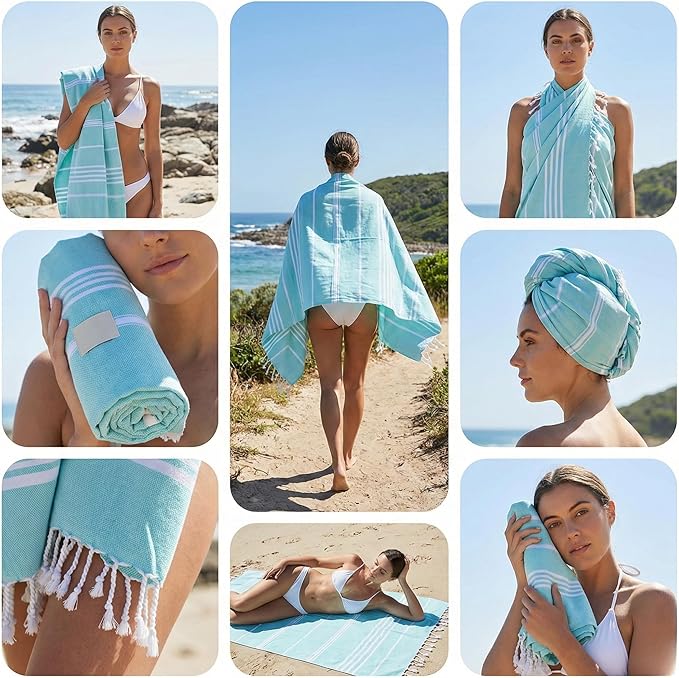 Cotton Turkish Beach Towel with Towels Oversized 36"x72" Pool Absorbent Extra Large Quick Dry Sand Travel Towel (Aqua Satin, 4 Pack)