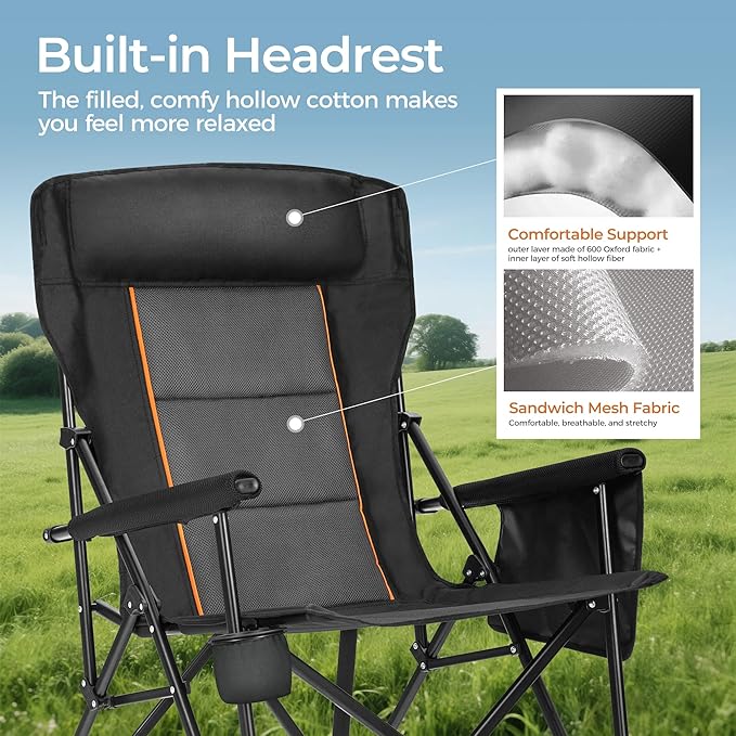 ALPHA CAMP Heavy Duty High Back Camping Chairs with Cup Holder Oversized Folding Chair Outdoor Chair with Headrest,Lawn with Side Pocket for Lawn, Sports and Fishing, 500lbs