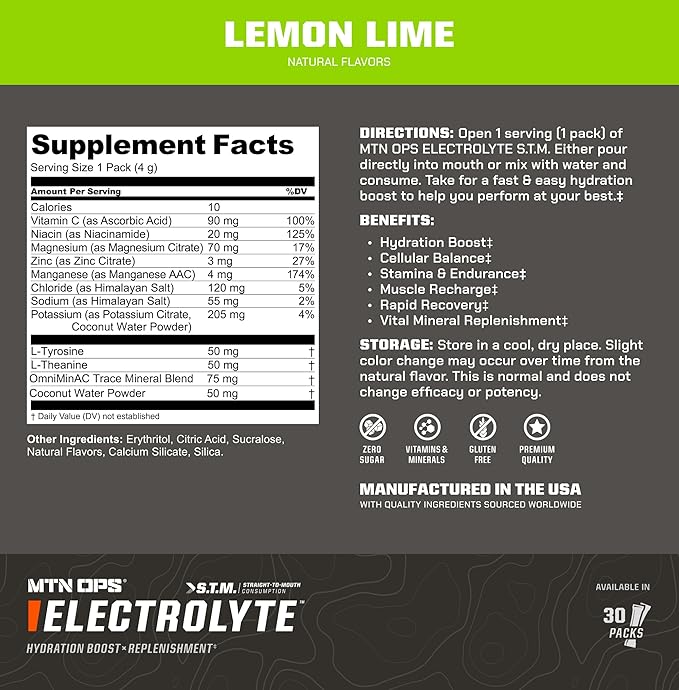 MTN OPS Electrolytes Powder Packets, Sugar Free Hydration Packets, Gluten-Free Hydration Powder, Electrolyte Packets STM “Straight to Mouth” - Variety Pack of 3 Flavors, 30 Packs