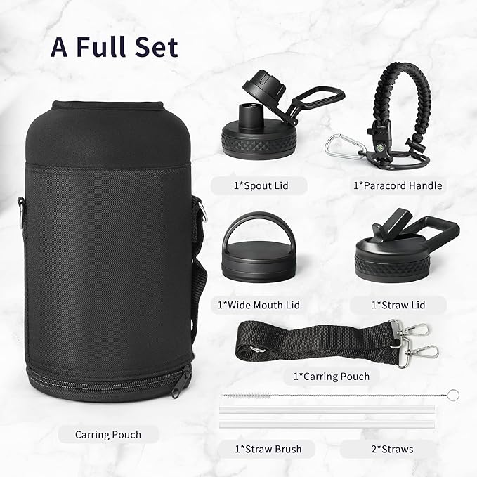 Trebo One Gallon Water Bottle Insulated with Paracord Handle,128oz Large Vacuum Double Wall Stainless Steel Insulated Jug with Straw Spout Handle Lids, Leakproof Keep Cold & Hot,Black