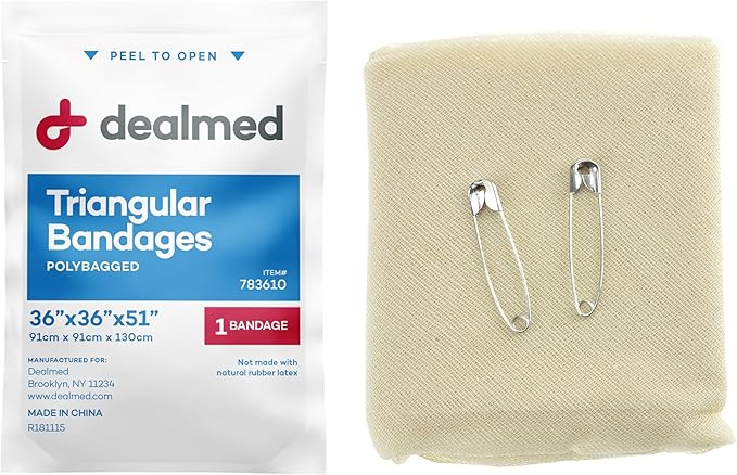 Dealmed Latex-Free Triangular Bandages – 12 Cotton Bandages with 2 Safety Pins, 36" x 36" x 51" Compression Bandage Wrap, Wound Care Product for First Aid Kit and Medical Facilities