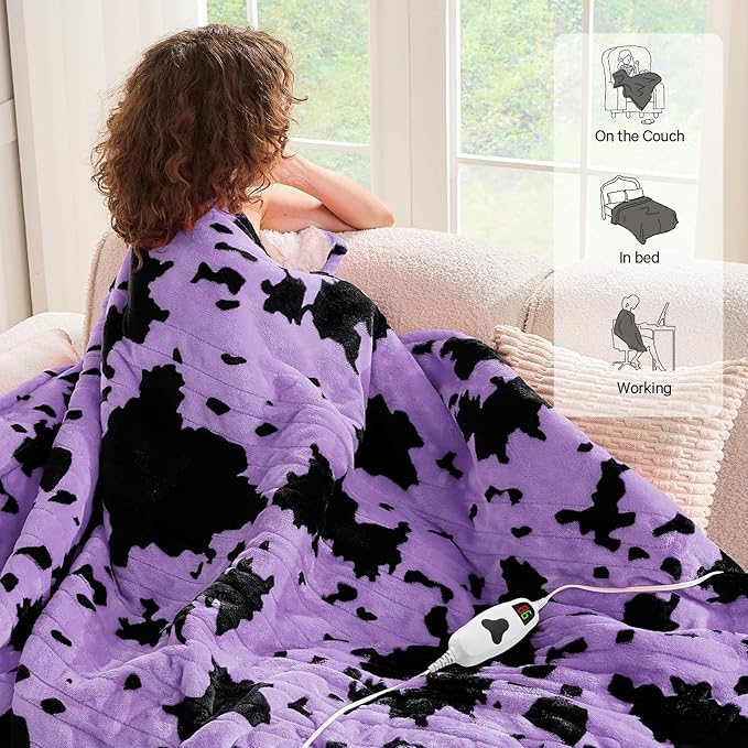 Cow Print Electric Heated Blanket Queen Size,84X90 Purple Heating Blanket Queen With Dual Control&Timer&10 Heat Levels,Highland Cow Decor Fleece Sherpa Blankets Warmer Gifts for Bed Women Adults,ETL