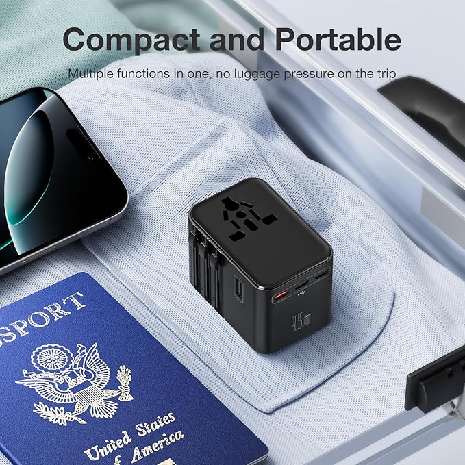 45W Universal Travel Adapter – Compact Plug with 3 USB-C & 2 USB-A Ports for EU/UK/US/AU, International Power Adapter Worldwide Charger, CE/FCC/RoHS Certified (Black)