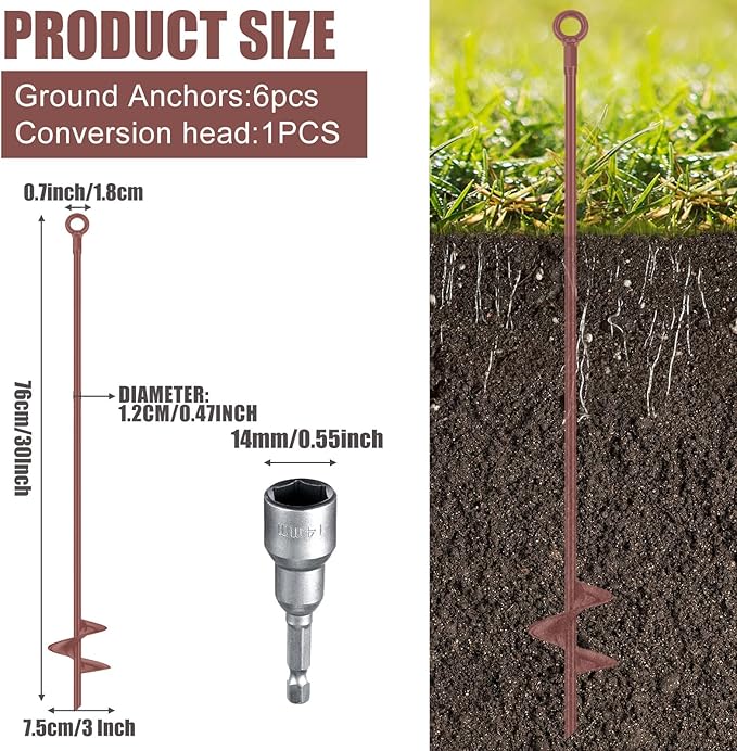 Lasnten 6 Pcs 30 Inch Heavy Duty Ground Anchor Spiral Blade Earth Anchor Kit Metal Anchor Hook Beach Sand Stakes Camping for Securing Animals, Shelters, Tents, Canopies (Brown)