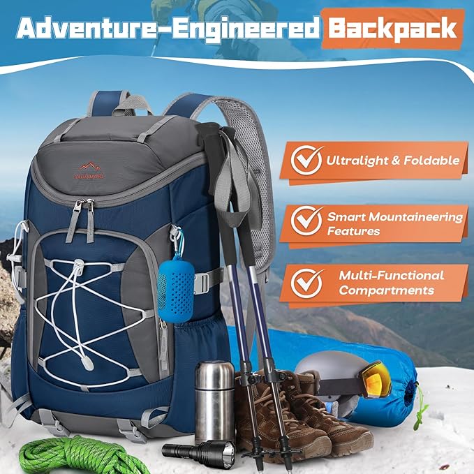 RAINSMORE Foldable Hiking Backpack for Women Men Packable Camping Backpack 40L Waterproof Hiking Daypack Bag Lightweight Collapsible Daypack for Travel Trekking Mountaineering Large Capacity Blue