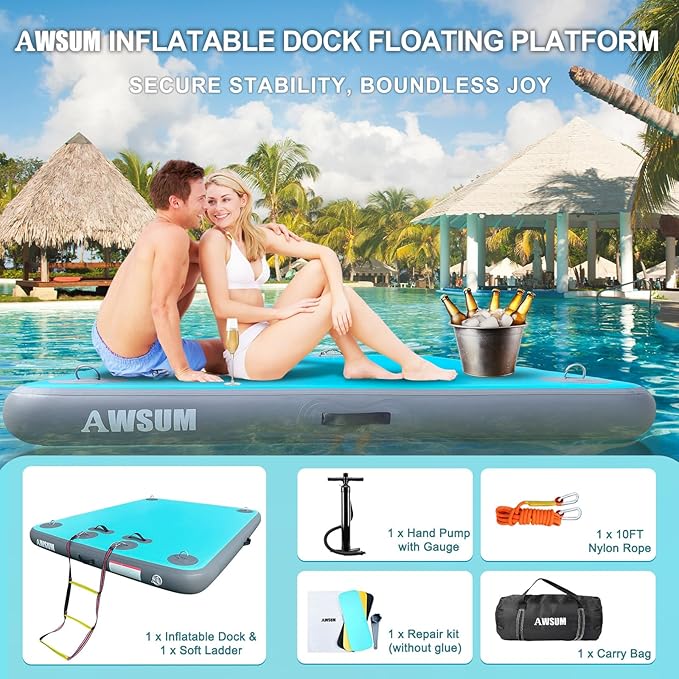 AWSUM Inflatable Floating Dock Air Dock Platform Floating Island Raft with None-Slip Surface for Pool Beach Ocean