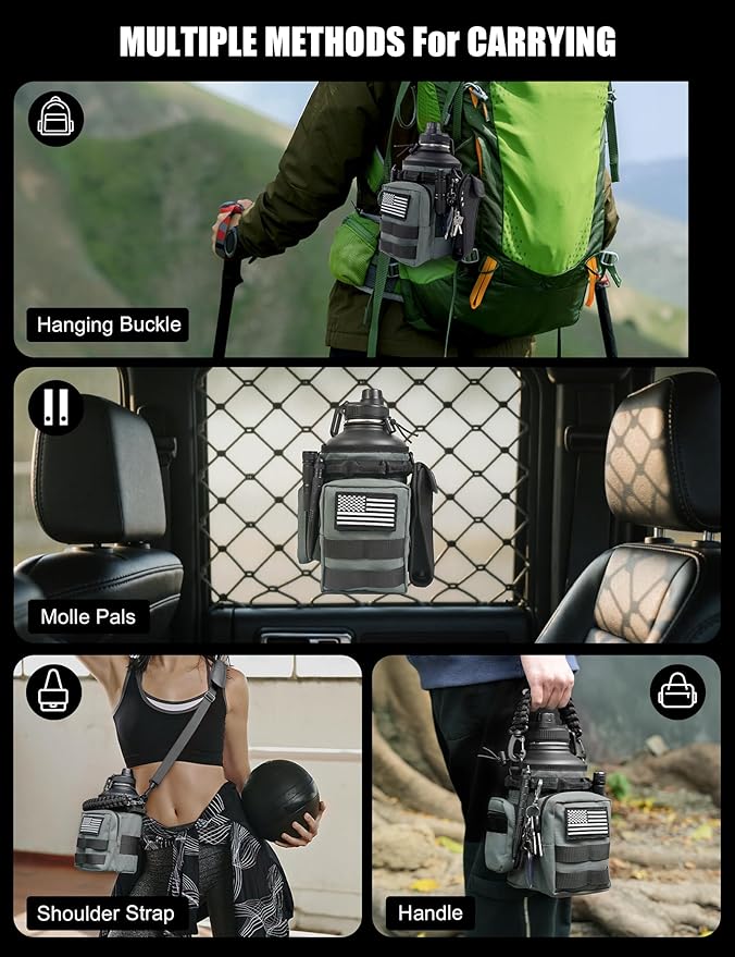 Tactical Half Gallon Water Bottle with Straw, 64 oz Insulated Water Jug with Molle Sleeve, Stainless Steel Sport Bottle with 3 BPA Free Lids for Gym Workout Hiking (Gray, 64OZ)