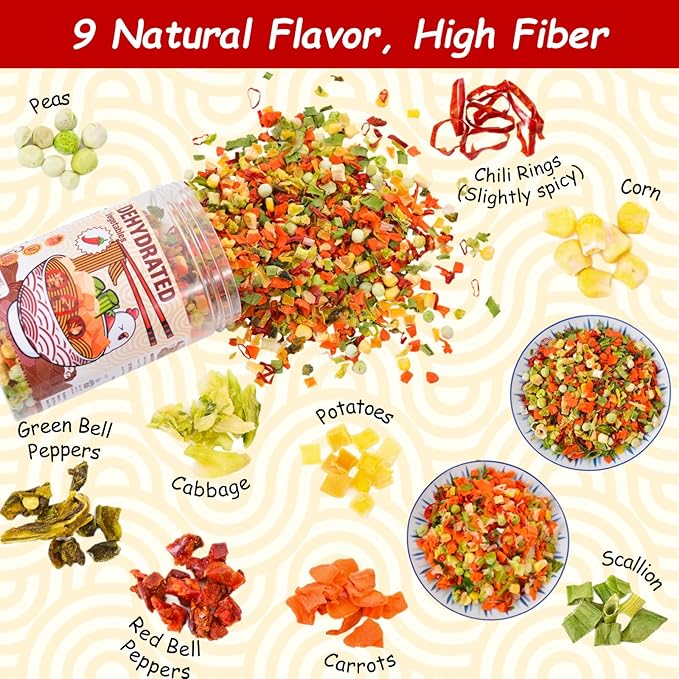 Dried Ramen Toppings Dehydrated Vegetables – 9 Mixed Vegetable Green & Red Bell Peppers, 12.35oz Natural Dried Veggie Flakes for Ramen Noodles, Camping Food Emergency Supply, Soups, Vegan