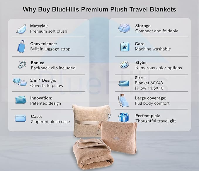 BlueHills Premium Soft 2-Pack Travel Blanket Pillows Airplane Large Plane Flight Throw Travel Blankets for Two in a Bag Compact Traveling Essentials Warm Travel Gifts Long Beige T205