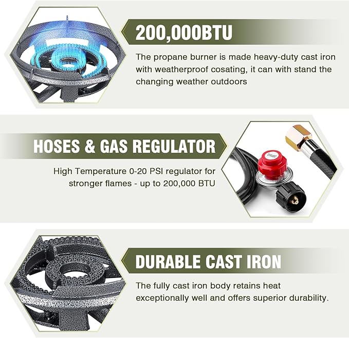 Bestfire 13" Single Propane Burner Stove 90,000 BTU Cast Iron Portable Outdoor Burner with 0-20 PSI Adjustable Regulator and 4ft Hose Perfect for Outdoor Wok Cooking