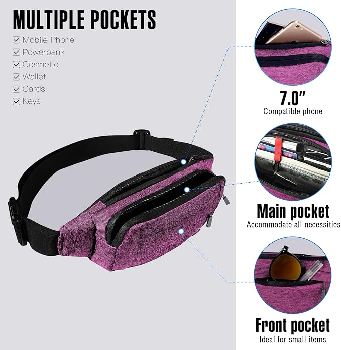 WATERFLY Fanny Pack Waist Bag: Small Hip Pouch Bum Bag Fannie Pack Phanny Fannypack Waistpack Bumbag Beltbag Sport Slim Fashionable for Jogging Hiking Hiker Woman Man