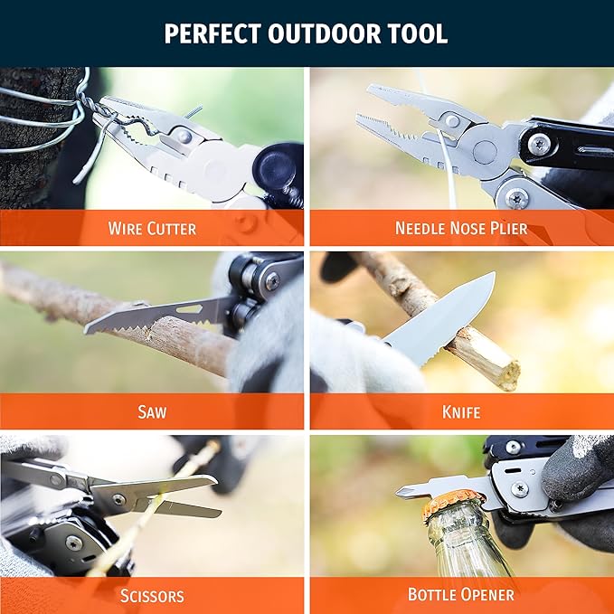 12-in-1 Multitool Pliers with Safety Lock, Fire Starter & Whistle, Stainless Steel Pocket Knife, Camping Multitool with Detachable Scissors for Outdoor Survival, EDC Gear