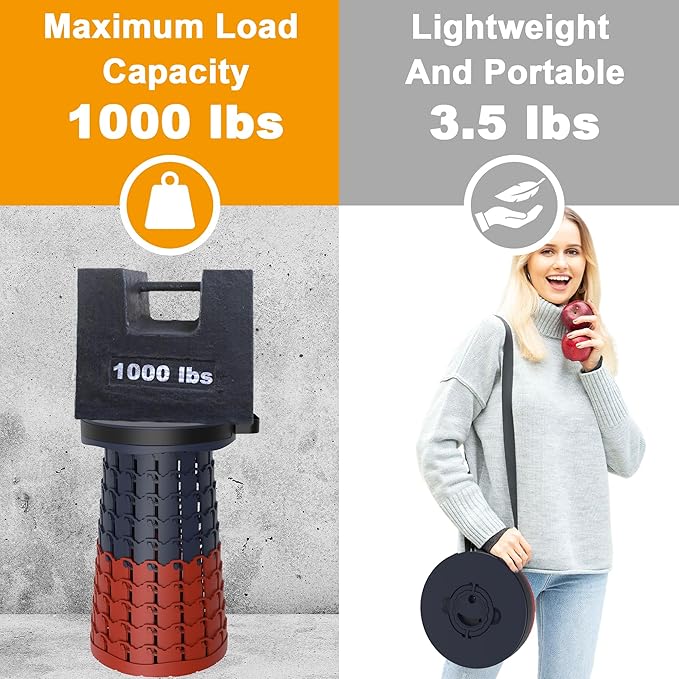 ALEVMOOM Upgraded XXL 19.7" Collapsible Stool, Heavy Duty Portable Folding Stool Max Load 1000 lbs, Retractable Telescoping Foldable Seat for Camping Fishing Hiking Travel BBQ
