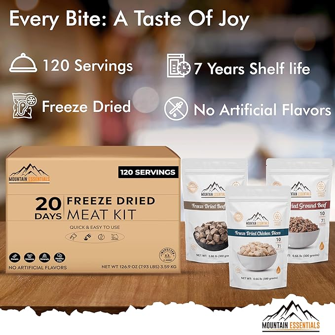 MOUNTAIN ESSENTIALS 120 Servings Freeze Dried Premium Variety Fully Cooked Meat Kit | High Protein Intake Contains 2988 Protein Ready to Eat Emergency Survival Easy Prep Food For Camping & Backpacking