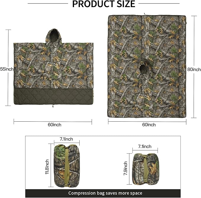 LOOGU Camo Blanket Waterproof Insulation Poncho Liner for Outdoor Camping, Hiking, Hunting, Survival, Backpacking, Picnicking
