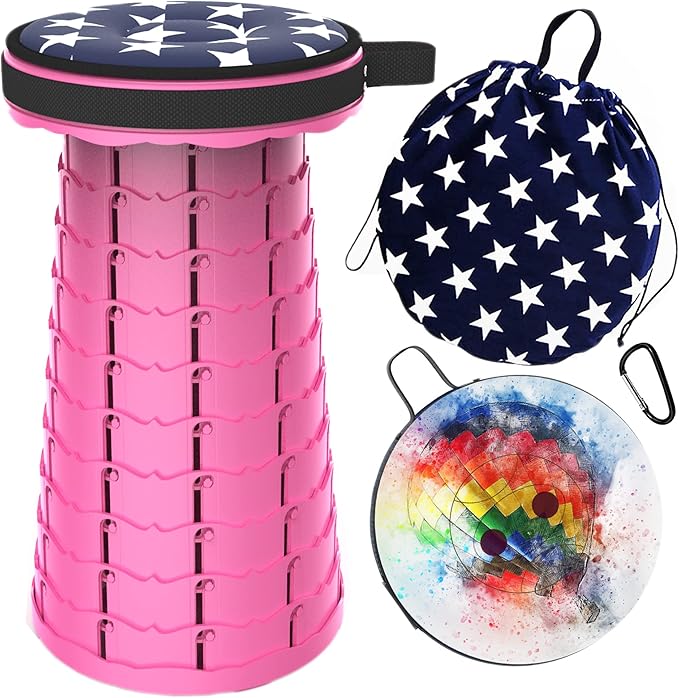 ALEVMOOM Upgraded Telescoping Collapsible Stool with Cushion, Folding Stool with Printing Portable Retractable Foldable Seat Max Load 550lbs for Adults Camping Fishing Outdoor