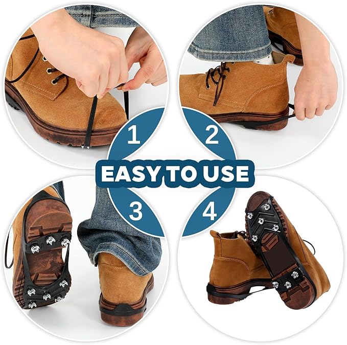 2 Pairs Ice Cleats for Shoes and Boots, Ice Snow Gripper Shoe/Boot Traction Cleats with 8 Stainless Steel Spikes, Winter Outdoor Anti-Slip Crampons for Walking, Climbing and Hiking