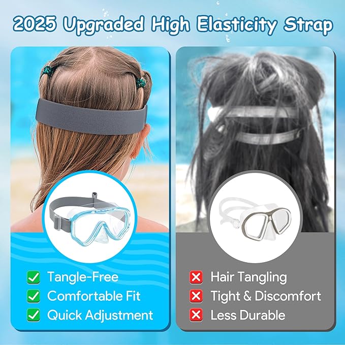 Vvinca Snorkeling Gear for Kids Dry Top Kids Snorkel Set for Boys Girls Junior Youth Children Age 4-14 Swim Goggles with Nose Cover Anti-Fog Panoramic View Adjustable Elastic Diving Mask and Snorkel