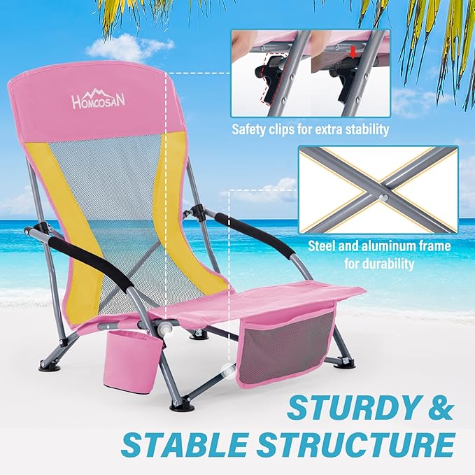 Homcosan Portable Low Folding Beach Chairs Set of 2 with Detachable Umbrellas - Lightweight Camping Chairs for Adults with Cup Holder & Storage Pockets, Carry Bag Included (Pink & Yellow)