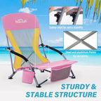 Homcosan Portable Low Folding Beach Chairs Set of 2 with Detachable Umbrellas - Lightweight Camping Chairs for Adults with Cup Holder & Storage Pockets, Carry Bag Included (Pink & Yellow)