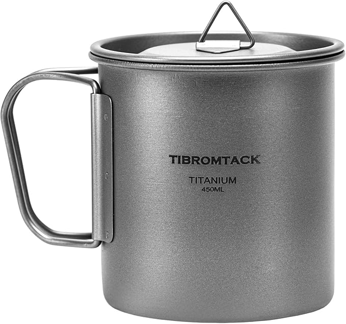 TIBROMTACK Camping Cup with Lid Pure Titanium Coffee Mug Ultralight 450ml Outdoor Small Camping Pot with Foldable Handle for Backpacking Hiking Travel and Daily Use with Mesh Bag