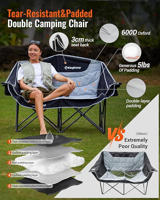 KingCamp Double Camping Chair, Oversized Heavy Duty Loveseat for Adults Portable Folding XL 2 Person Couch Padded Comfortable Two Seat with Cup Holder for Outdoor Lawn Backyard