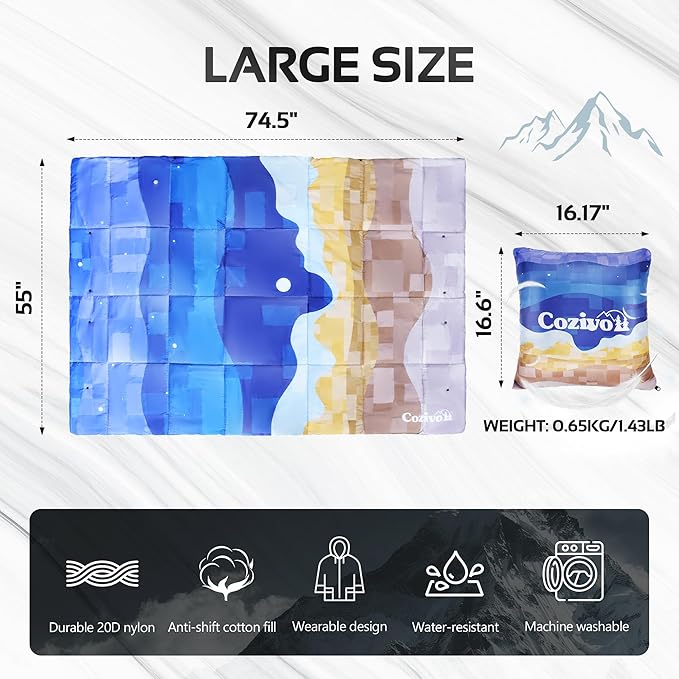 Camping Blanket, 2-in-1 Wearable Puffy Camping Blanket with Hood & Snap Buttons Waterproof Lightweight Travel Blanket Converts to Pillow for Backpacking, Beach, Picnics, Stadium (Mountains)