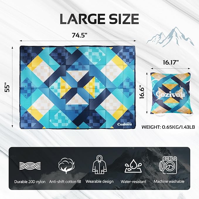 Camping Blanket, 2-in-1 Wearable Puffy Camping Blanket with Hood & Snap Buttons Waterproof Lightweight Travel Blanket Converts to Pillow for Backpacking, Beach, Picnics, Stadium(Kaleidoscope)