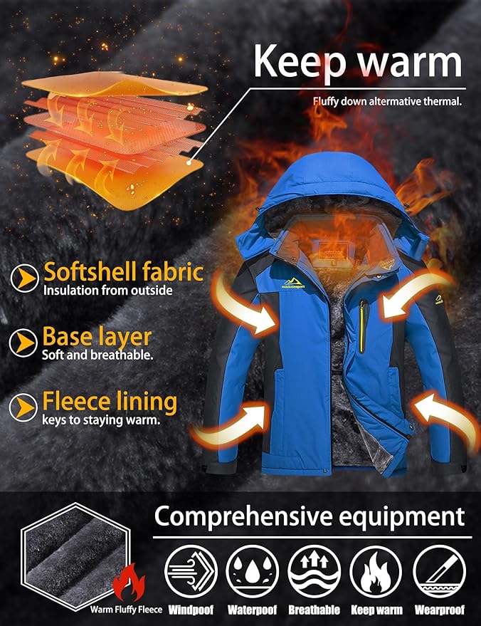 TACVASEN Men's Winter Ski Jacket Waterproof Snow Coats Snowboard Fleece Lining Jacket Warm Parka with Hooded