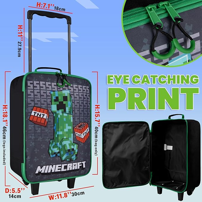Minecraft Kids Luggage with Wheels Foldable Rolling Suitcase Creeper Travel Bag Vacation Weekend Trips Travel Essentials (L18.1inch x W11.8inch - 15L, Black)