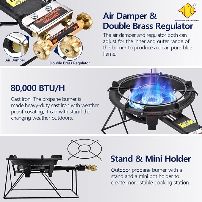 ARC Outdoor Propane Burner Stove, 13" Single Propane Wok Burner, Cast Iron Portable Wok Burner With Sturdy Stand, Bilateral Control Rings and 0-20 PSI Adjustable regulator, Stainless Steel Hose