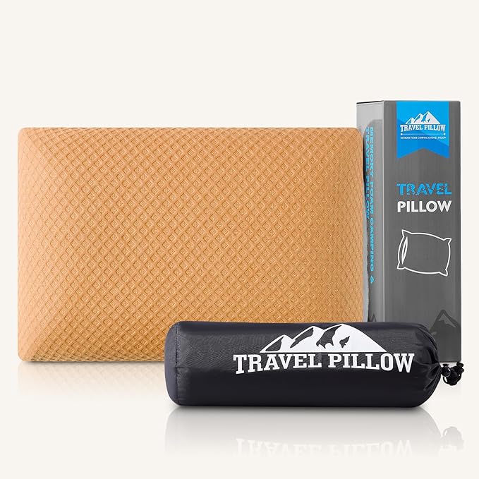Travel Pillow Memory Foam Pillows, Camping Pillow-Compressible Medium Firm, Breathable Cover, Ideal Backpacking Hiking, Bed Pillows, Airplane and Car (Apricot Yellow, S)
