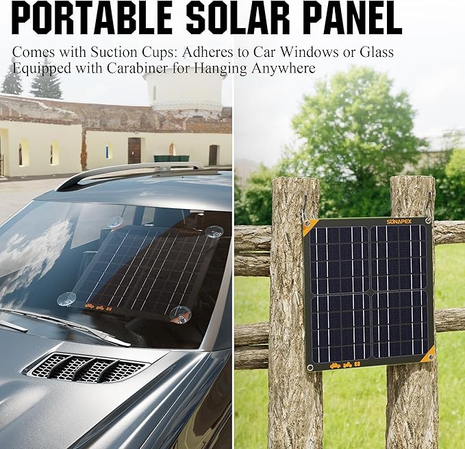 SUNAPEX 20W 12V Solar Panel Battery Charger Maintainer, Portable Waterproof Solar Trickle Charger with Built-in Charge Controller, Cig Plug, Alligator Clips, O-Rings for Car, Truck,Tractor, Boat, etc