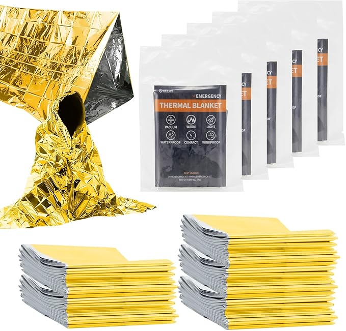 5-Pack Emergency Mylar Thermal Blankets, 82"x62" Space Blankets Foil Blanket, XL Camping Blanket for Outdoors, Hiking, Survival kit, Bug Out Bag，Marathons or First Aid, Golden