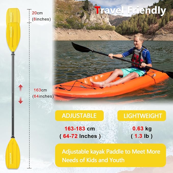Kayak Paddles for Kid with Aluminum Shaft and PP Blade, Floating Kayaking Oars for Youth and Junior, Adjustable 163-183cm/64-72 Inches