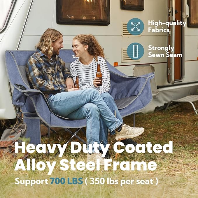700lbs Capacity Double Camping Chair for 2 Adults - Low-Profile Outdoor Loveseat with XL Cup Holders & Storage Pockets, Heavy Duty Folding Couch for Camping, Lawn, Backyard (Navy Blue)