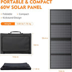 60W Solar Panel for Portable Power Station, Foldable Solar Panel with 12-18V DC Output/USB QC3.0/USB C(10 Changeable DC Adapters), Portable Solar Panels for Camping, Home, Travel, Rv