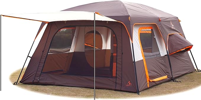 KTT Large Family Cabin Tent 10-12 Person,14.1X10X6.58ft,2 Rooms,3 Storage Pockets,2 Bay-Windows 3 Doors and 3 Windows with Mesh,Straight Wall,Waterproof,Double Layer,Big Tent for Outdoor,Camping
