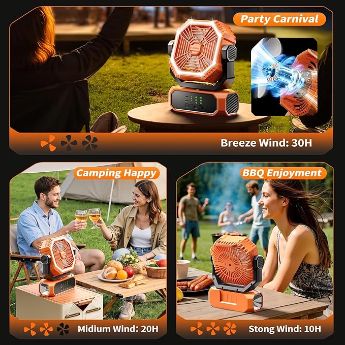 VVU&CCO Portable Fan for Camping with LED Lantern,10000mAh Rechargeable Battery,30H Runtime,USB-C Fast Charging, 3 Speeds - Cordless Desk Fan for Travel Hiking Beach Home Office Tent Desk
