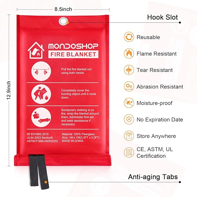 Mondoshop Emergency Fire Blankets for Home Kitchen Fiberglass Fireproof Blankets for Camping, Picnic, Fireplace, School, Grill, Car, Office, Warehouse