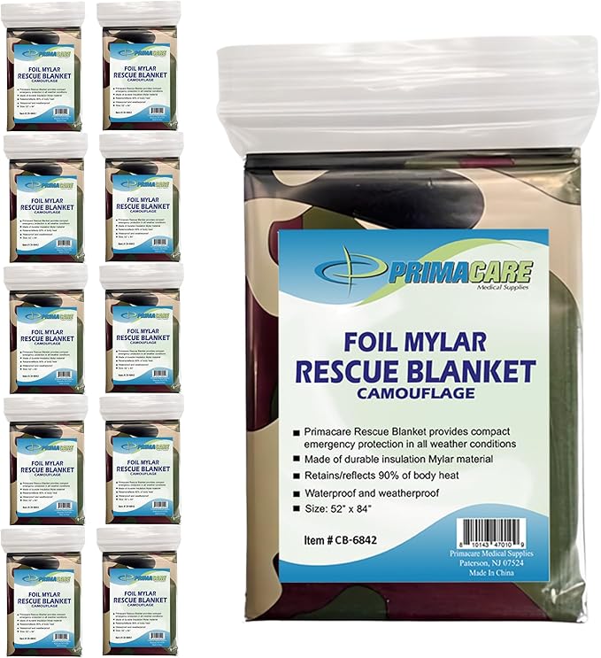 Primacare CB-6842-10 Pack of 10 Emergency Foil Mylar Thermal Blanket Camouflage, 84" Length x 52" Width
