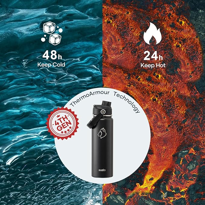 BUZIO 24 oz Insulated Water Bottle, Stainless Steel Wide Mouth Water Flask with Straw Lid, Cold for 48 Hrs Leak Proof Metal Hydro Thermo Canteen Mug, Black
