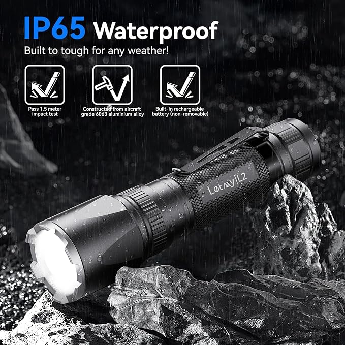 LETMY Rechargeable Flashlights High Lumens, 2 Pack 2000 Lumens Super Bright LED Tactical Flashlight, 3 Modes Samll Powerful Flash Lights with Clip, Waterproof Flashlights for Home Emergency Camping